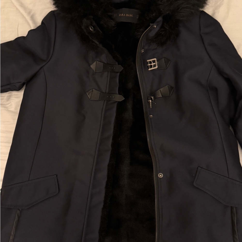 Zara Women's Navy Trench Coat with Black Fur Trim